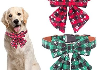 ADOGGYGO Christmas Dog Collar with Bow Tie, Classic Plaid Red Green Dog Collars with Removable Bowtie Christmas Collars for Small Medium Large Dogs Pets