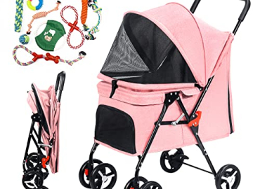 Pet Stroller 4 Wheel Foldable Cat Dog Stroller for Medium Small Dogs Cats Travel Stroller with Bring pet Toys and Removable Liner Pink