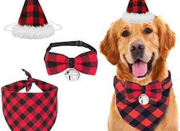 3 Sets Christmas Dog Bandana Hat Bow tie Set Pet Scarf Triangle Bibs Dog Christmas Costume Decoration Accessories for Small Medium Large Dogs Cats Pets, Black & Red Plaid Color