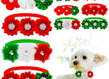 Mruq pet 10pcs Christmas Dog Flower Bow Ties, Adjustable Pet Small Dog Grooming Bow Ties, Bulk Rhinestones Pearl Puppy Dog Bow Ties for Dog Daily Travel Holiday Wearing (Red-White-Green)