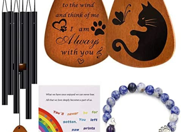 SHOW-YA Cat Memorial Gifts Wind Chimes,Cat Loss Sympathy Gifts to Honor and Remember Cat,Pet Memorial Gifts for Cat Lovers with 7 Chakra Rainbow Bridge Bracelet,28 inches