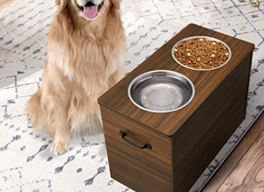 Elevated Dog Bowls Stand with Storage, Wooden Raised Dog Bowls with 2 Stainless Stell Bowls, Dog Feeder Station for Large Dogs, Walnut