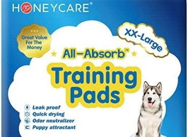 HONEY CARE All-Absorb, XXL 30″x36″, 30 Count, Dog and Puppy Training Pads, Ultra Absorbent and Odor Eliminating, Leak-Proof 5-Layer Potty Training Pads with Quick-Dry Surface, Blue, A39