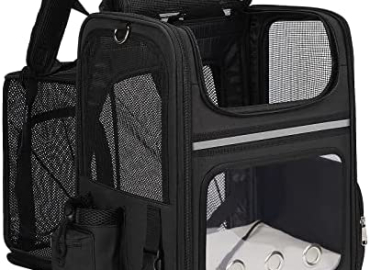 HOVONO Expandable Pet Carrier Backpack for Cats and Dogs, Puppy Dog Cat Travel Hiking Backpacks, Clear Window, Seatbelt Attachments, Airline Approved, Outdoor use, Black