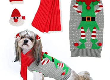SGQCAR 4Pieces Ugly Christmas Dog Sweater with Scarf and Hairpin Xmas Pet Dog Winter Knitwear Elf Dog Clown Sweaters Holiday and Party for Small Medium Dogs Cat