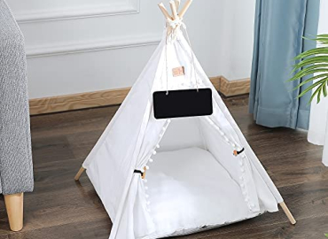 GeerDuo Pet Teepee, Portable Pet Tents for Small Dogs or Cats, Puppy Sweet Bed Washable Dog or Cat Houses with Cushion(White,24″)