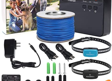 MASBRILL Electric Fence for Dog, Aboveground Underground Fence Pet Containment System, Rechargeable Waterproof Collar with Tone/Static Shock Correction 2 Collar (for 2 Dogs, Black & Blue Collar)