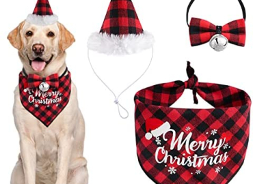 Christmas Dog Bandanas 3 Piece Dog Santa Hat Scarf Bow Tie Set Buffalo Plaid Bib Costume for Pet Christmas Outfit for Small Medium Dogs Cats