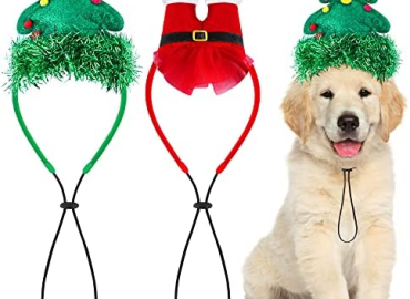 Tiibot 2 Pack Dog Christmas Headband Set Christmas Tree & Santa Claus Shape Headbands Christmas Pet Costume Hair Hoop Dog Costume Xmas Pet Headband for Dog Puppy Cat