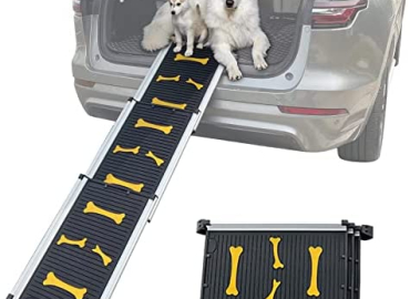 HOXWELL Collapsible Dog Ramp Telescopic Pet Ramps for Large Dogs SUV and Car, Portable Non-Slip Car Ramps for Small, Medium Dog, Anti-Resistant with Rubber Bone Pattern, Adjustable Length 28” to 62”