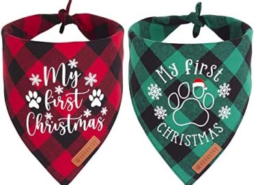 Adoggygo Christmas Dog Bandanas 2 Pack, Classic Plaid Xmas Pet Scarf, Premium Cotton Fabric, Multiple Sizes Offered, Dog First Christmas Bandanas for Small Medium Dogs Pets (Small)