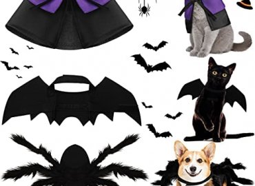 3 Piece Halloween Cat Dog Costume Set, Pet Bat Witch Vampire Cloak Giant Imitation Pet Spider Pets Costume Cosplay Accessories Halloween Pets Decoration for Dogs Puppy Cats