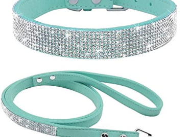 Haoyueer Cute Dazzling Sparkling Elegant Fancy Soft Suede Leather Bling Rhinestone Crystal Jeweled Pet Cat Dog Puppy Collar Dog Leash Combo Set