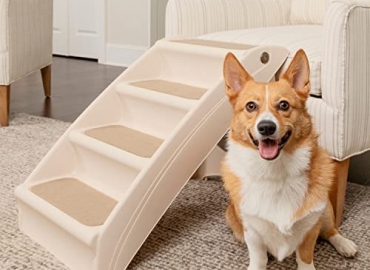 PetSafe CozyUp Folding Dog Stairs – Pet Stairs for Indoor/Outdoor at Home or Travel – Dog Steps for High Beds – Pet Steps with Siderails, Non-Slip Pads – Durable, Support up to 150 lbs – Large, Tan