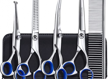 Gimars 6 in 1 Professional 4CR Stainless Steel Safety Round Tip Dog Scissors for Grooming, Heavy Duty Titanium Coated Pet Grooming Scissor for Dogs, Cats and Other Animals