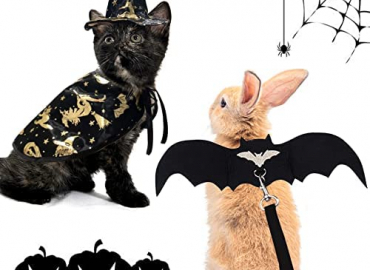 Vehomy 2 Sets of Rabbit Halloween Costumes for Rabbit Bunny Small Pet Halloween Harness Leash Bat Wings Outfit Rabbit Witch Hats Cloaks Small Pet Witch Costume for Bunny Rabbit, Puppies, Kittens