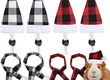 8 Pack Christmas Guinea Pig Costume Mini Santa Plaid Hat with Buffalo Plaid Scarf for Hamster Hedgehog Lizard Bearded Dragon Small Pet Christmas Party Supply