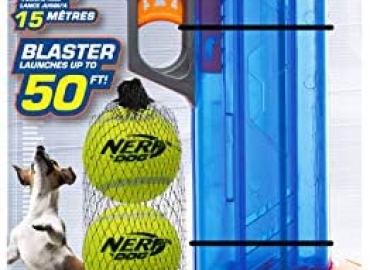 Nerf Dog Compact Tennis Ball Blaster Gift Set with 3 Balls, Great for Fetch, Hands-Free Reload, Launches up to 50 ft, Single Unit, Includes 3 Nerf Balls, 4791, Translucent Blue