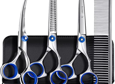 Gimars 5 in 1 Professional 4CR Dog Grooming Scissors Kit with Safety Round Tip , Heavy Duty Titanium Coated Straight & Thinning & Curved Shears & Comb Set