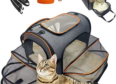 Cat Carrier, 3 Sides Expandable Foldable Pet Carrier for Medium Cat Small Dog, Airline Approved Soft-Sided Pet Travel Carrier Bag with Fleece Pad and Foldable Bowl