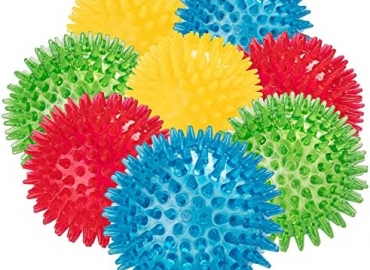 Dipperdap 4-Pack Squeaky Dog Toys 3.5” Spikey Dog Balls | Cleans Teeth for Healthier Gums |Non-Toxic BPA-Free Dog Toys for Aggressive Chewers |Spikey Balls in Red, Blue, Yellow, and Green