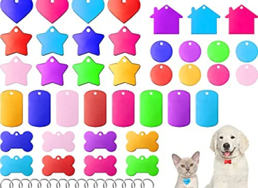 Frienda 48 Pcs Blank Pet ID Tag Colorful Aluminum Dog Cat Tags Blank Round Heart Star Bone House Rectangle Tags with Ring Pet ID Tags Pendant with Hole for Pet Dog Cat Name Phone Number, 6 Styles