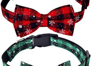 2 Pack Christmas Dog Collar with Bow Tie, Adjustable Red Green Plaid Snowflake Pattern Dog Collar Pet Collars for Small Medium Large Dogs