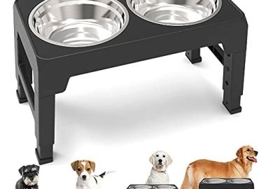 PANZZDA Elevated Dog Bowls Adjustable Raised Dog Bowl Stand with Double Stainless Steel Dog Food Bowls Adjusts to 4 Heights 3.1”, 8.6”, 10.2”, 11.8”, for Small Medium Large Dogs and Pets