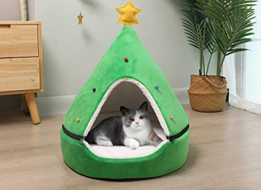 Christmas Tree Cat Tent Self-Warming 2 in 1 Pet House Cave Bed for Small Dog Xmas Kitten Hut Hideout Green