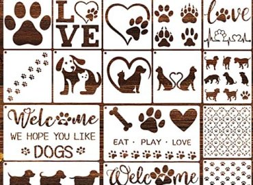 16 Pieces Dog Cat Paw Print Stencils for Painting Dog Cat Heart Paw Print Stencils for Painting Wood Wall Furniture Home Decor DIY Crafts Scrapbooks Love Dog Templates with Metal Open Ring (Cat Dog)