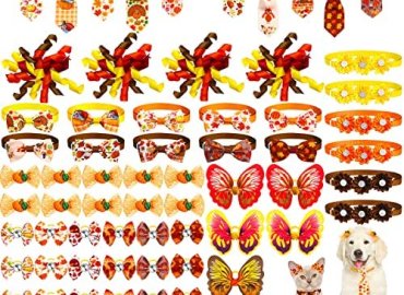 70 Pcs Holiday Fall Dog Bow Halloween Thanksgiving Pet Collar Dog Collars Tie Adjustable Dog Flower Collar Puppy Neck Ties Pumpkin Butterfly Turkey Dog Bows Grooming Accessories for Puppy Cat Decor