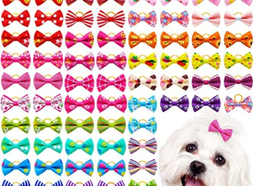 Senniea 80pcs Pet Hair Bows, Pet Hair Grooming Bows with Rubber Bands, Handmade Dog Top Knot Bows, Hair Bows for Grooming Dogs for Girl