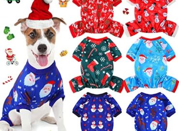 6 Pieces Christmas Dog Pajamas Christmas Jumpsuit Santa Snowman Christmas Tree Pet Pajamas Holiday Clothes Dog Puppy Christmas Style for Pet Puppy Dog Cat Christmas Decoration