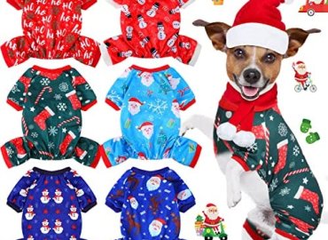 6 Pieces Christmas Dog Pajamas Christmas Jumpsuit Santa Snowman Christmas Tree Pet Pajamas Holiday Clothes Dog Puppy Christmas Style for Pet Puppy Dog Cat Christmas Decoration