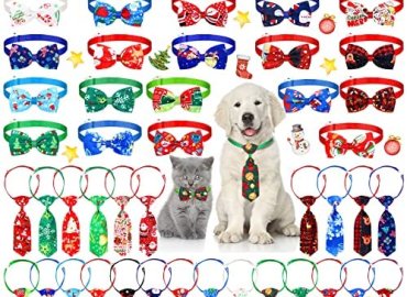 50 Pieces Christmas Dog Bow Tie Collar Set Includes 25 Dog Bow Ties and 25 Dog Neckties with Adjustable Collar PET Grooming Accessories for Fall Christmas Dogs Cats