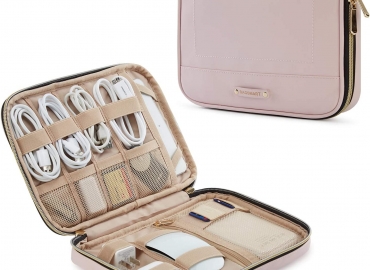 Electronic Organizer,BAGSMART Large Travel Cable Bag,Cord Organizer Bag,Electronics Accessories Cases for 7.9” iPad Mini,iPhone,Cables,Chargers,USB,SD Card,Leather,Pink