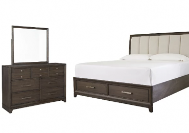 Brueban Queen Panel Bed with 2 Storage Drawers with Mirrored Dresser