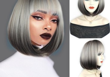 Foufait Ombre Grey Wig Bob Wig with Bangs Gray Short Wigs for Black Women Platinum Blonde Grey Hair Bang Wig Cosplay Synthetic Wigs