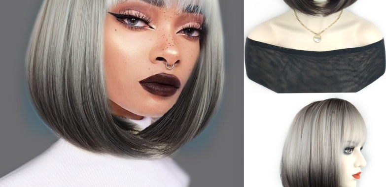 Foufait Ombre Grey Wig Bob Wig with Bangs Gray Short Wigs for Black Women Platinum Blonde Grey Hair Bang Wig Cosplay Synthetic Wigs