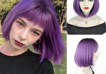 Foufait Ombre Purple Bob Wig with Bangs Short Wigs for Women 12Inch Synthetic Straight Wig Colorful Hair Cosplay Wigs