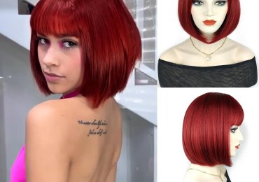 Foufait Wine Red Bob Wig with Bangs Short Wigs for Women Rose Red Synthetic Wig Cosplay Wigs Straight Hair Colorful Wig