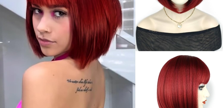 Foufait Wine Red Bob Wig with Bangs Short Wigs for Women Rose Red Synthetic Wig Cosplay Wigs Straight Hair Colorful Wig